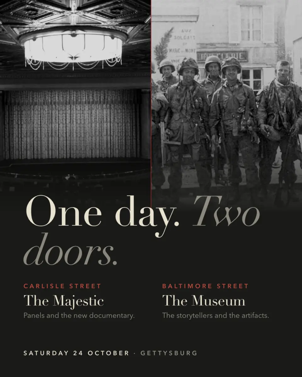 Event post reading One day. Two doors., over archive photographs of Easy Company.